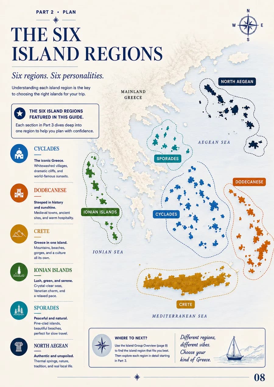A map spread showing the six Greek island regions and the personality of each.