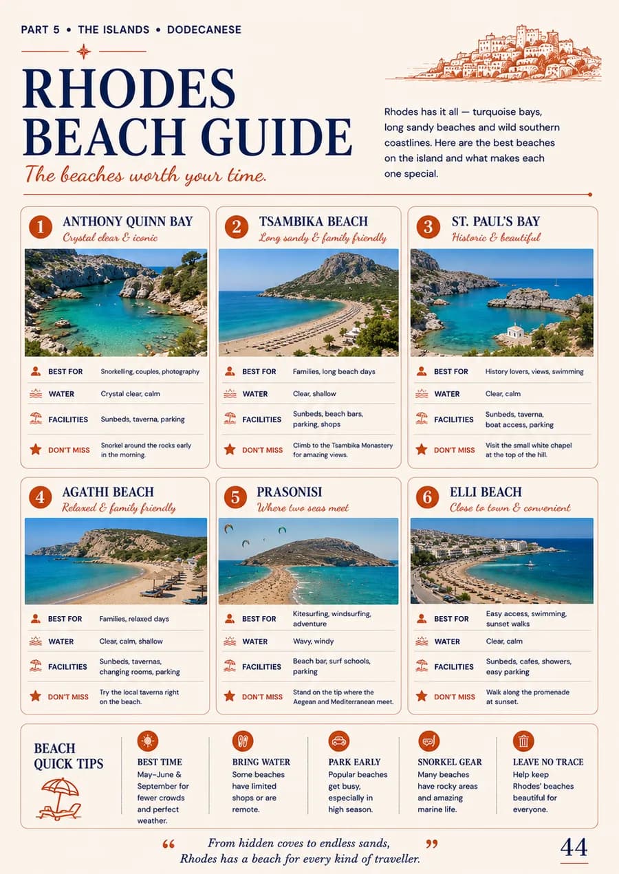 A spread reviewing six beaches on Rhodes with facilities and water conditions.