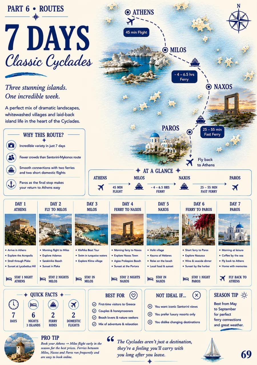 A seven day Cyclades route with ferry times and a day-by-day plan.