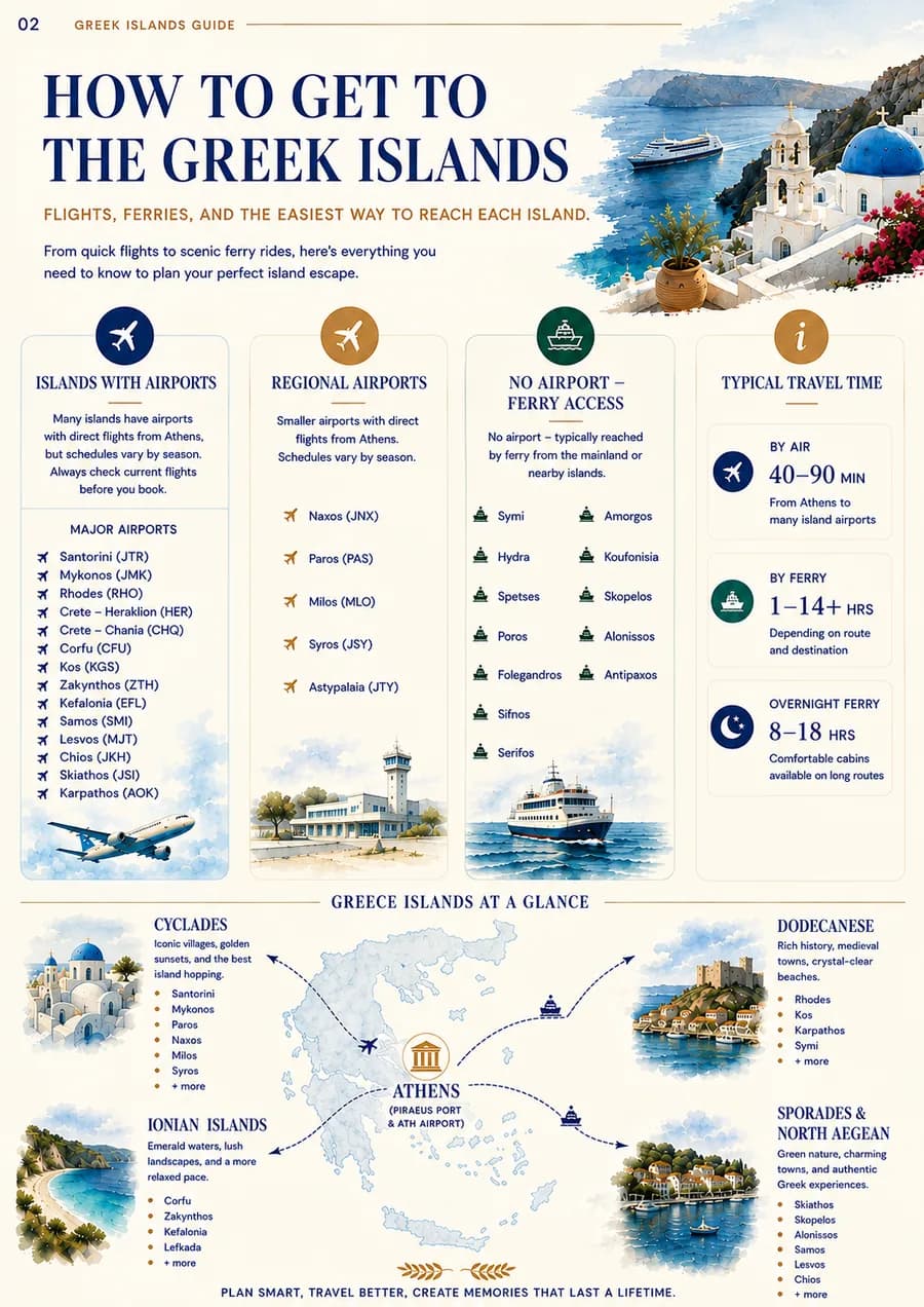 A page listing every Greek island with an airport and every island reachable only by ferry.