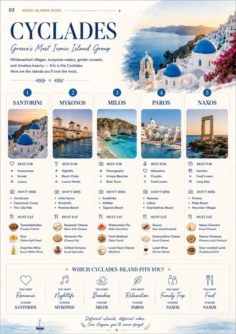 A page comparing five Cycladic islands by what each is best for.