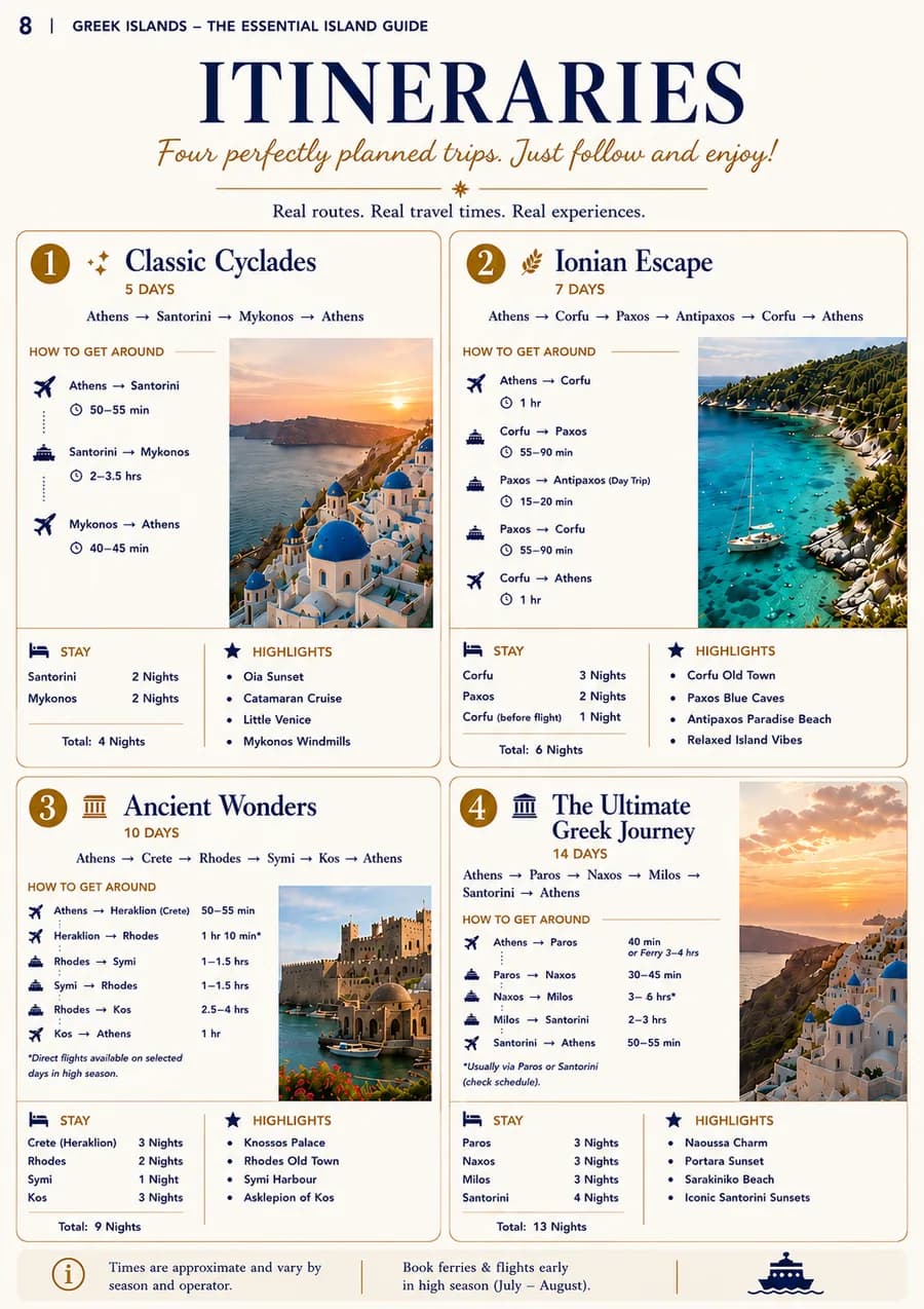 A page of four ready-made Greek island itineraries with real travel times.