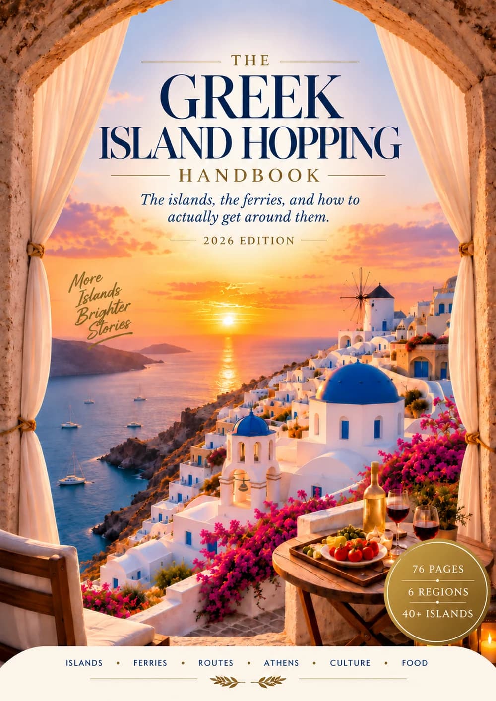 Cover of The Greek Island Hopping Handbook, showing a Santorini sunset framed by an archway.
